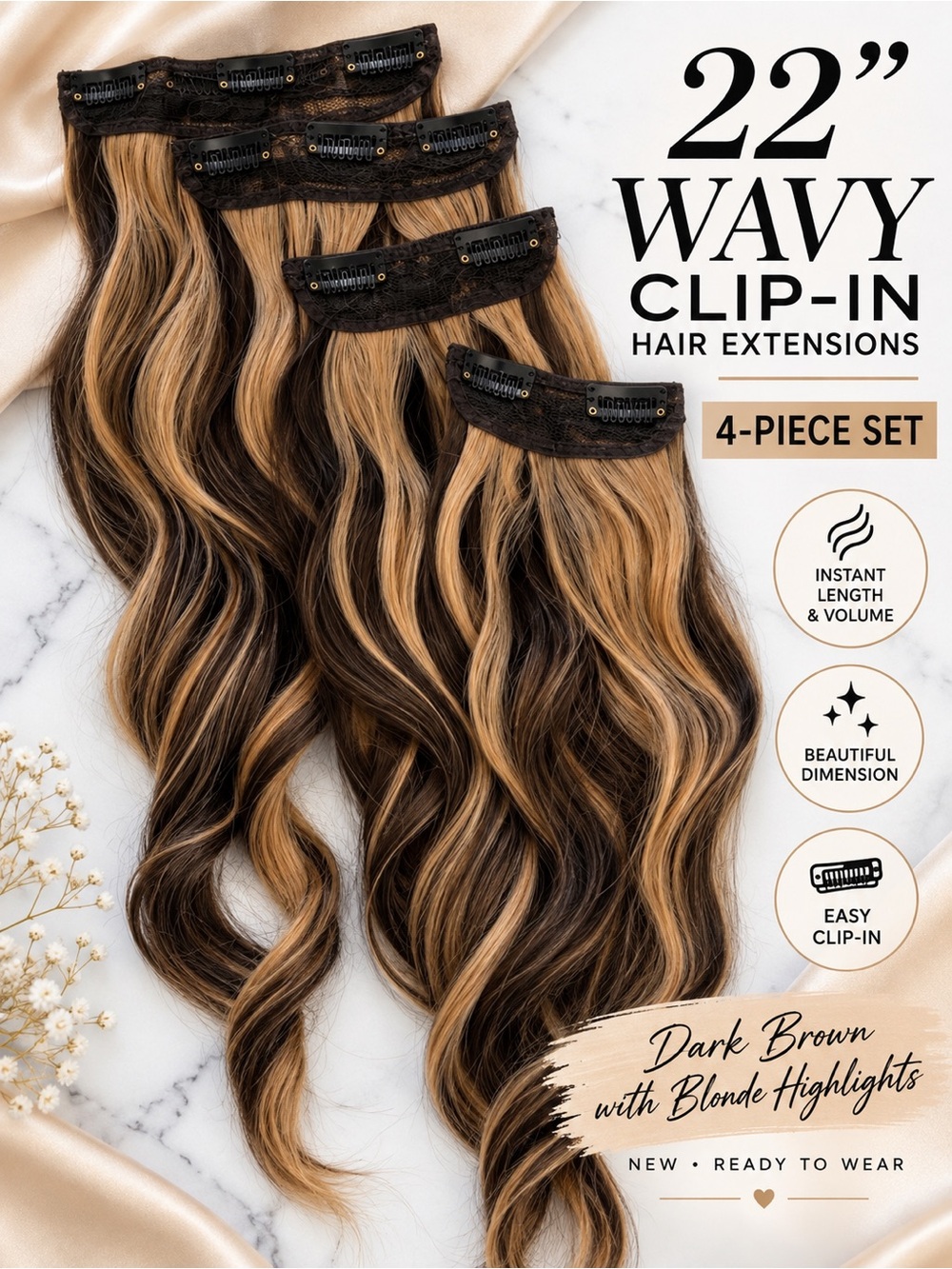 22” Wavy Clip-In Hair Extensions Brown Blonde Highlights 4-Piece NEW
